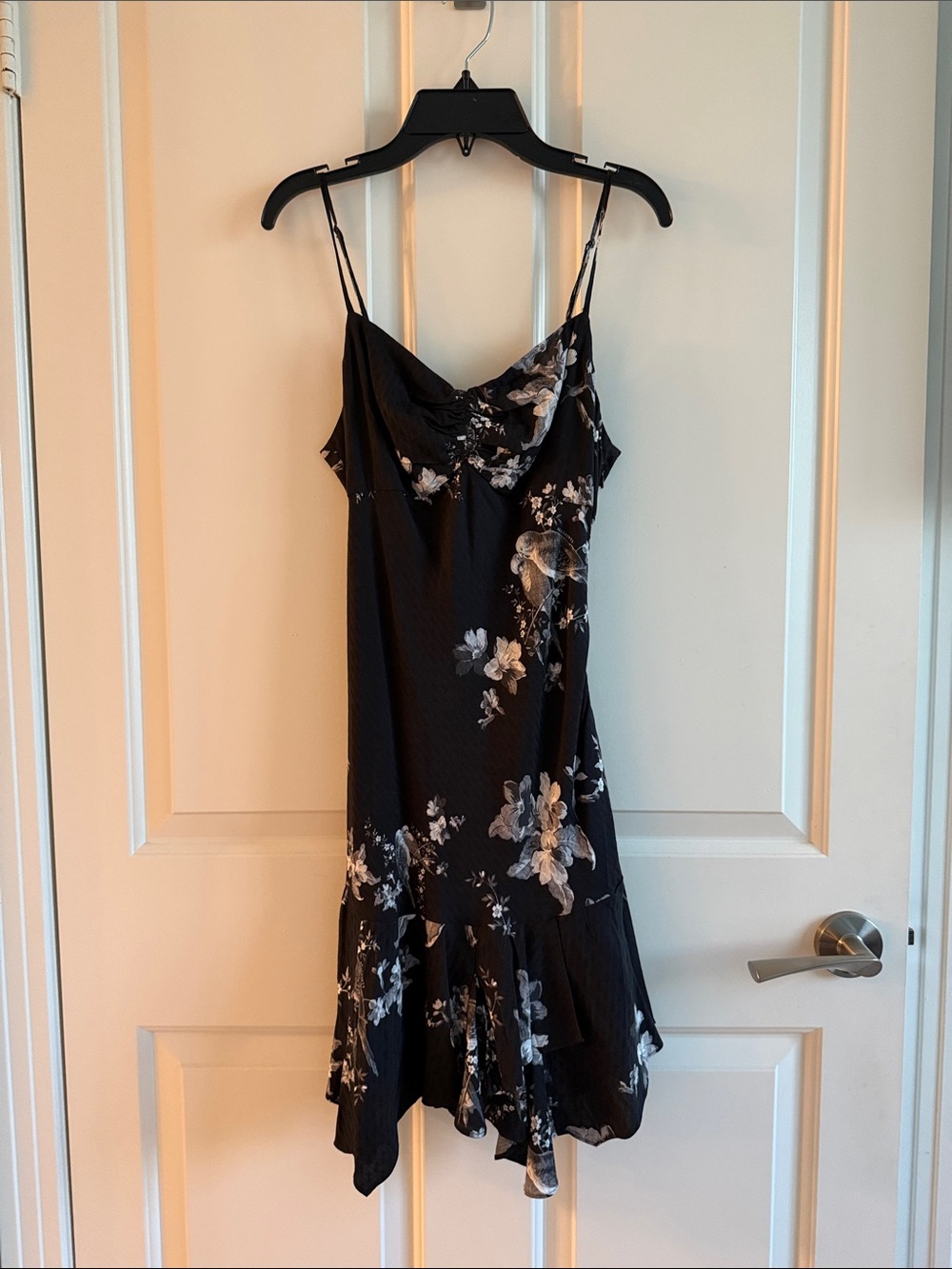 AllSaints Black Floral Dress with zipper and Ruffle Hem